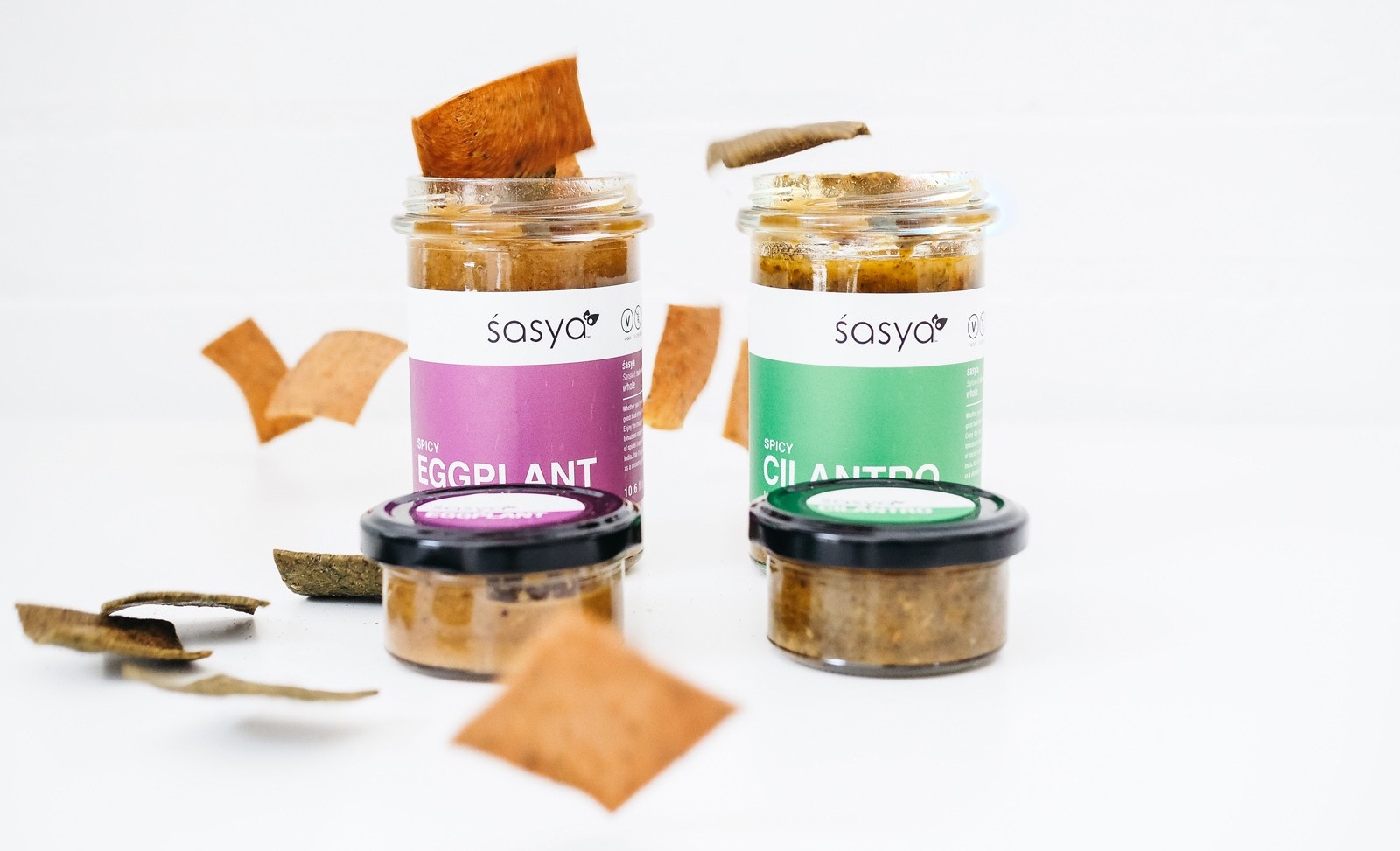 Sasya’s line of heathy Indian snack foods include rice lentil chips and eggplant, peanut coconut, and cilantro dips.